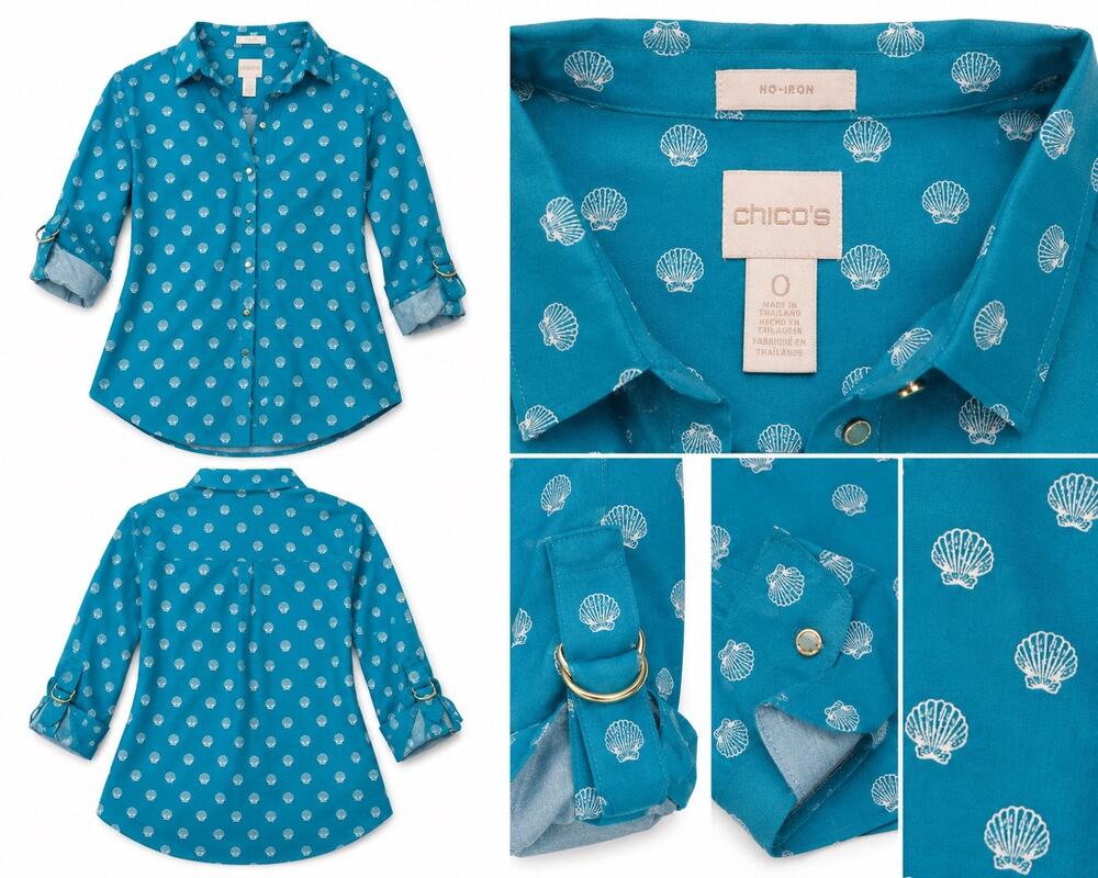 Chico’s No Iron Shell Print Button Front Shirt Turquoise Size 0